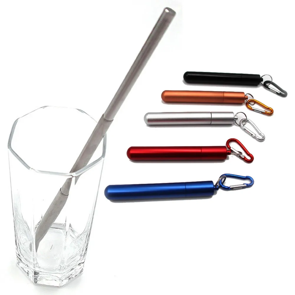 Reusable Telescopic Straw Metal 304 Stainless Steel Straw with Cleaning Brush Carry Case Collapsible Portable Drinking Straw Set