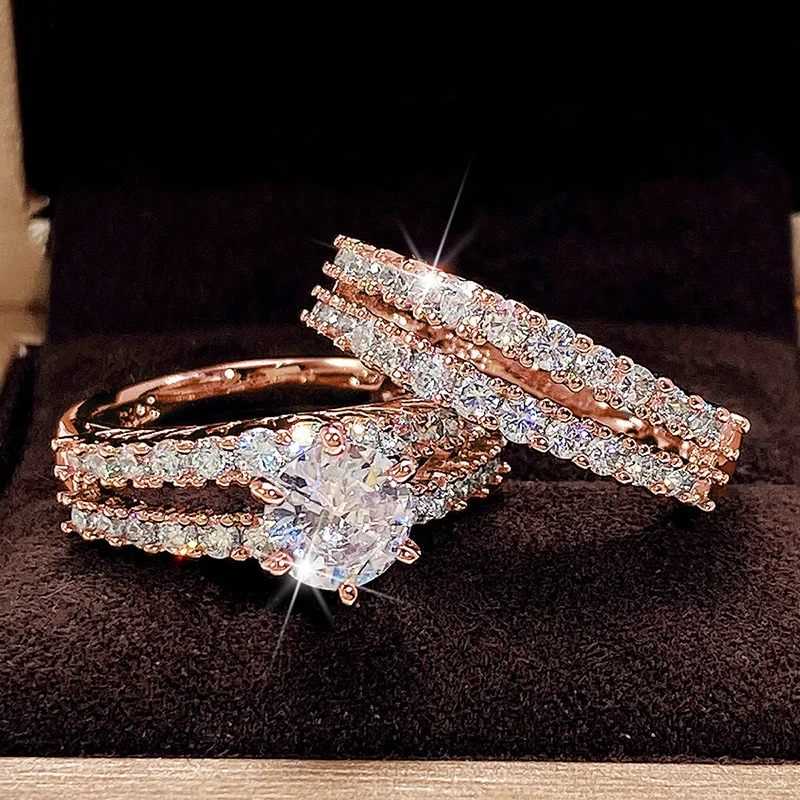 Huitan Trendy Hollow Set Rings Full Bling Iced Out CZ Stone Luxury Women Wedding Engagement Rings 2Pcs Set Jewelry Drop Shipping