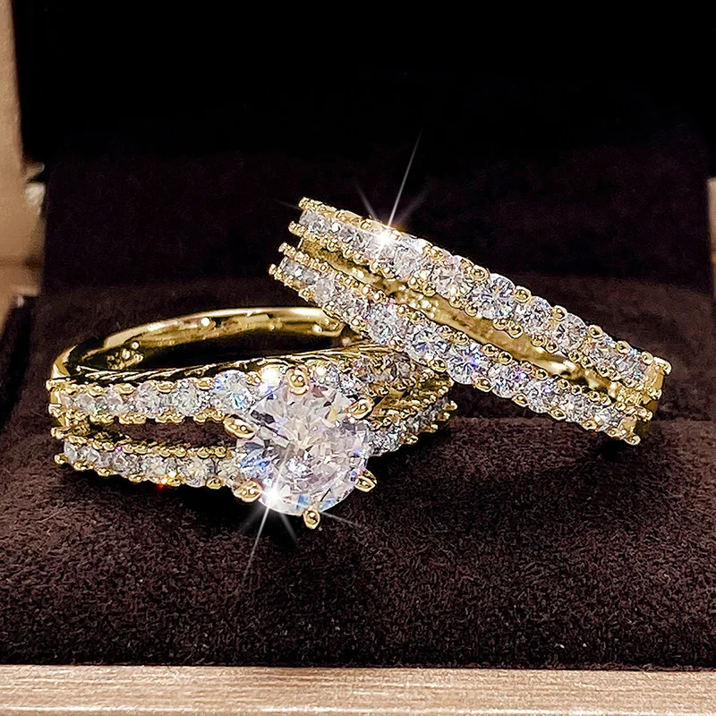 Huitan Trendy Hollow Set Rings Full Bling Iced Out CZ Stone Luxury Women Wedding Engagement Rings 2Pcs Set Jewelry Drop Shipping