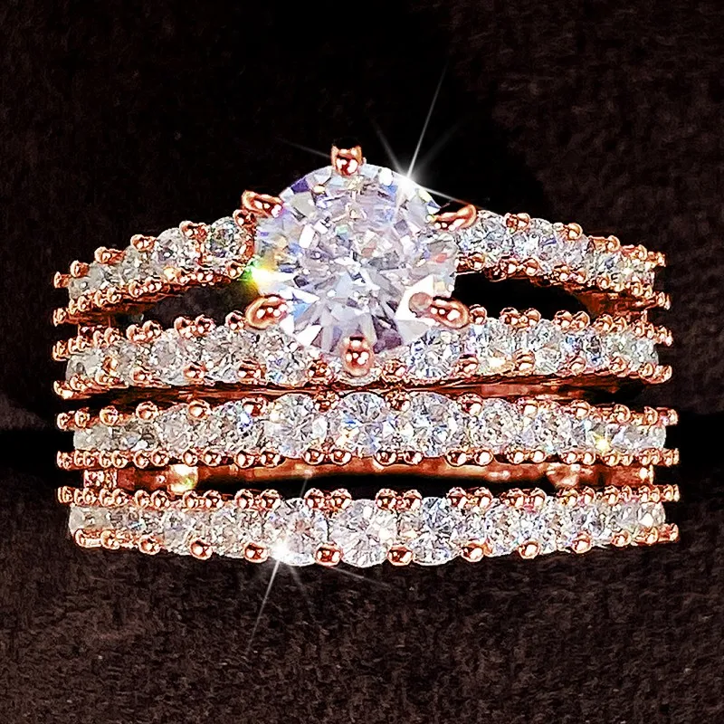 Huitan Trendy Hollow Set Rings Full Bling Iced Out CZ Stone Luxury Women Wedding Engagement Rings 2Pcs Set Jewelry Drop Shipping