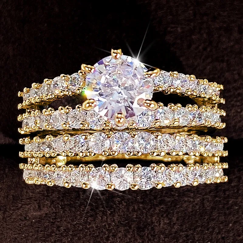 Huitan Trendy Hollow Set Rings Full Bling Iced Out CZ Stone Luxury Women Wedding Engagement Rings 2Pcs Set Jewelry Drop Shipping