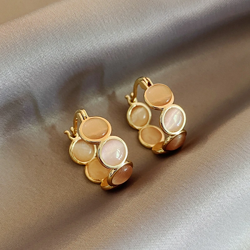 Sweet Girls' Pink Round Opals Hoop Earrings 2025 New Design Jewelry Luxury Accessories Suitable for Women's Daily Wear Earrings