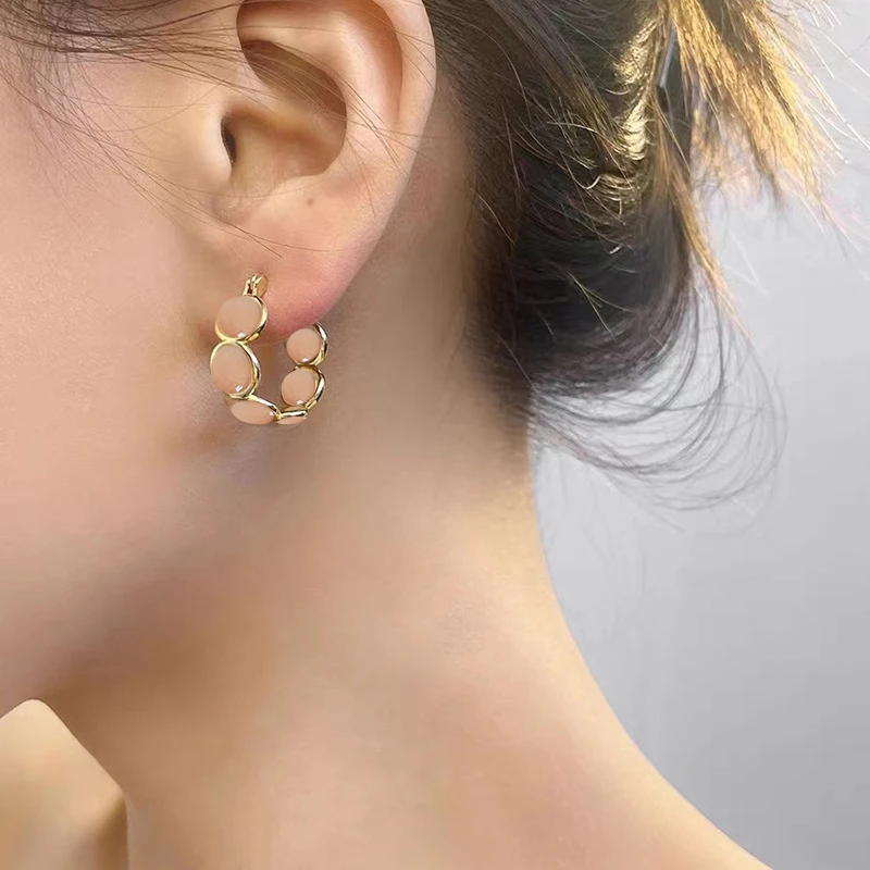 Sweet Girls' Pink Round Opals Hoop Earrings 2025 New Design Jewelry Luxury Accessories Suitable for Women's Daily Wear Earrings