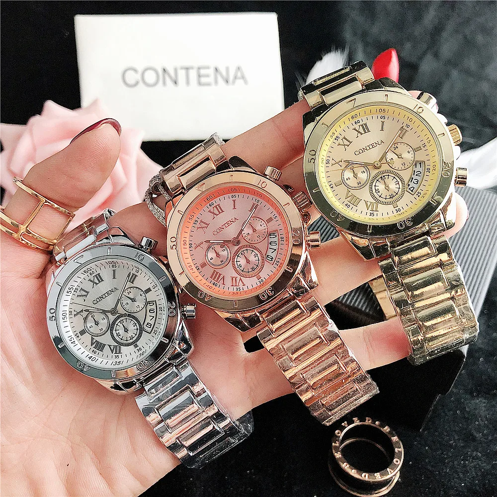 Contena Brand Luxury Women's Watch Fashion Rhinestones Stainless Steel Quartz Watch Simple Elegant Ladies Watch Reloj Mujer