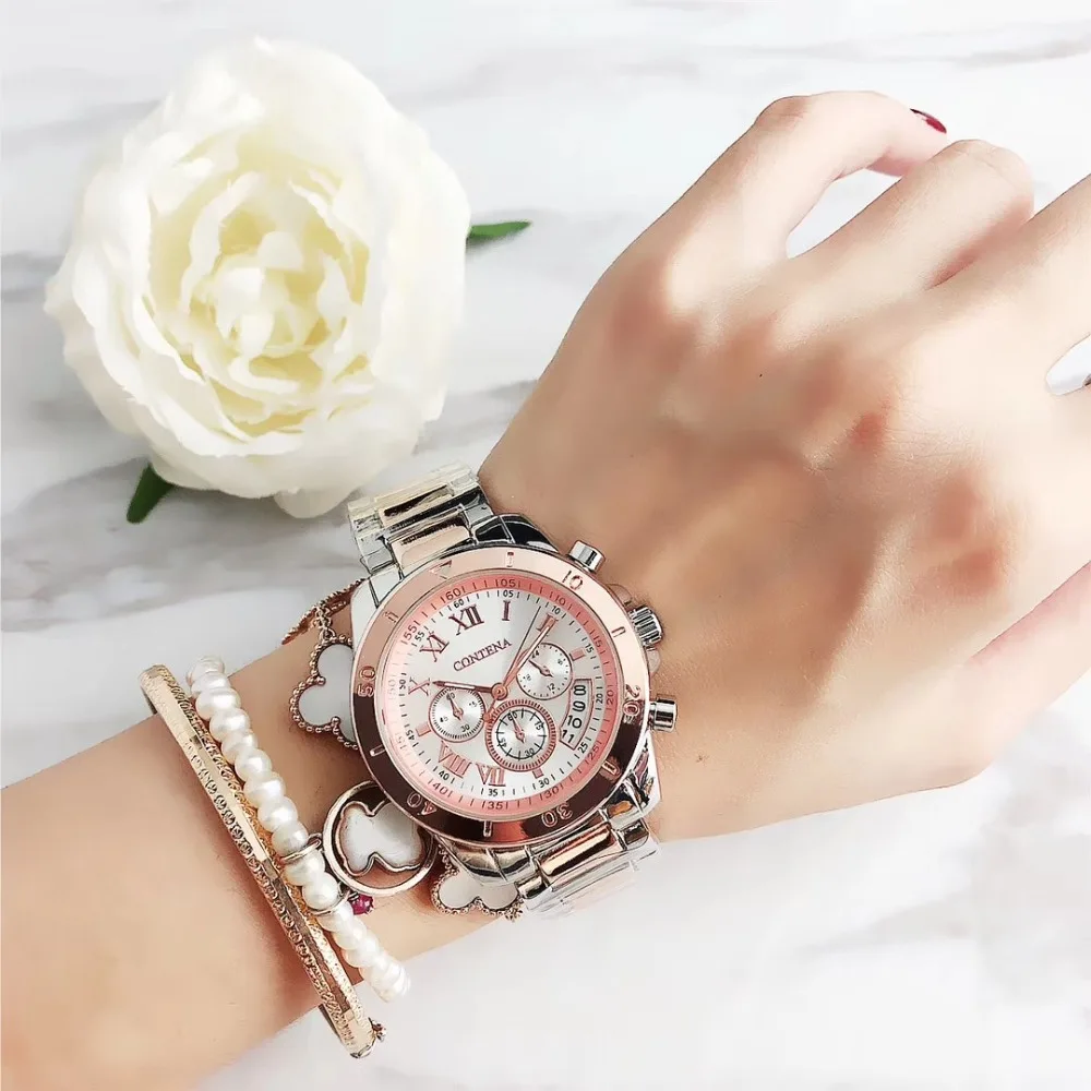 Contena Brand Luxury Women's Watch Fashion Rhinestones Stainless Steel Quartz Watch Simple Elegant Ladies Watch Reloj Mujer