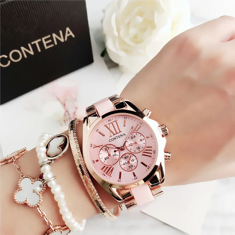 Contena Brand Luxury Women's Watch Fashion Rhinestones Stainless Steel Quartz Watch Simple Elegant Ladies Watch Reloj Mujer