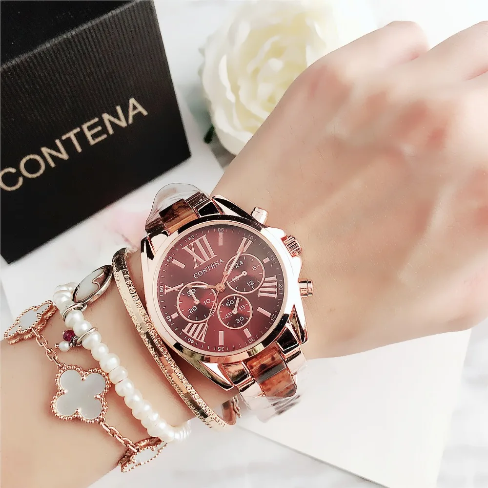 Contena Brand Luxury Women's Watch Fashion Rhinestones Stainless Steel Quartz Watch Simple Elegant Ladies Watch Reloj Mujer