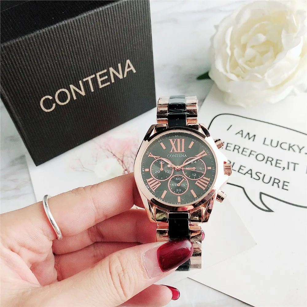 Contena Brand Luxury Women's Watch Fashion Rhinestones Stainless Steel Quartz Watch Simple Elegant Ladies Watch Reloj Mujer