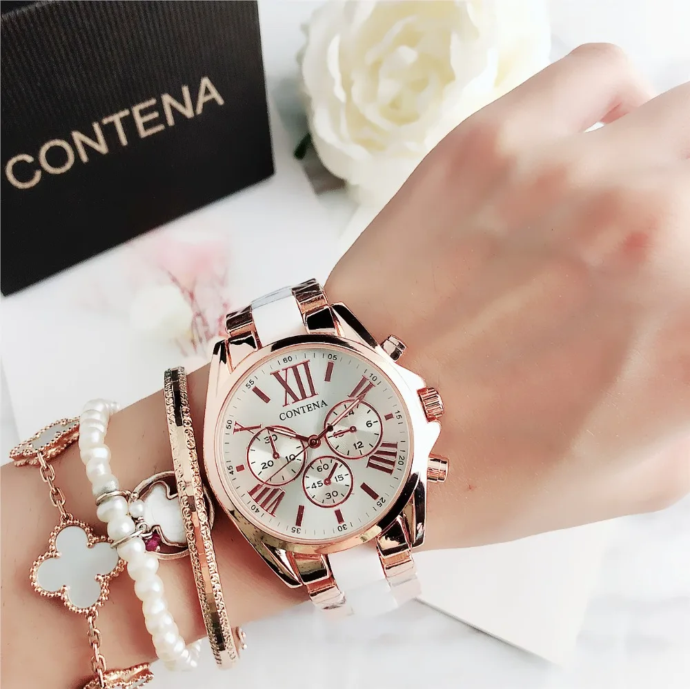 Contena Brand Luxury Women's Watch Fashion Rhinestones Stainless Steel Quartz Watch Simple Elegant Ladies Watch Reloj Mujer