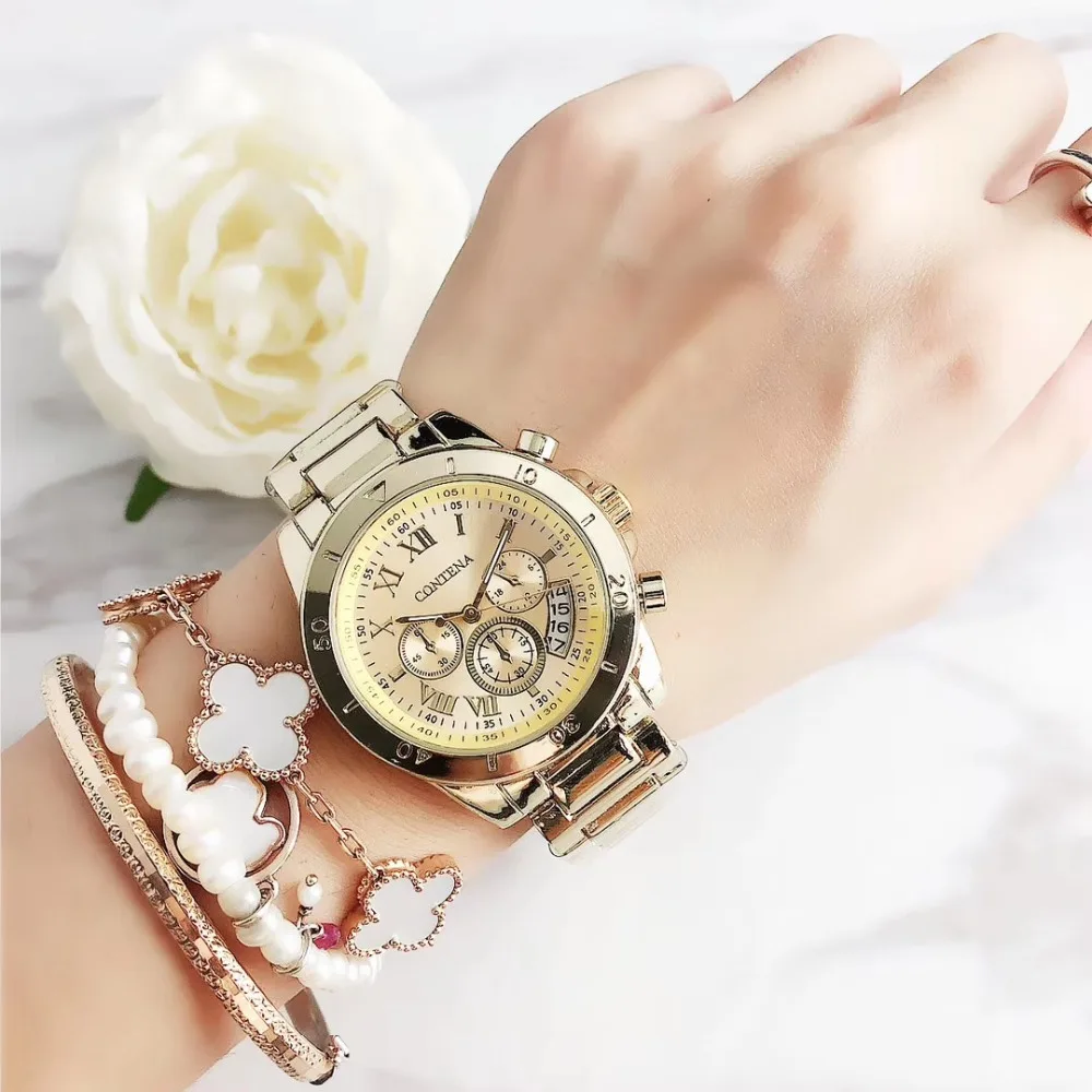 Contena Brand Luxury Women's Watch Fashion Rhinestones Stainless Steel Quartz Watch Simple Elegant Ladies Watch Reloj Mujer