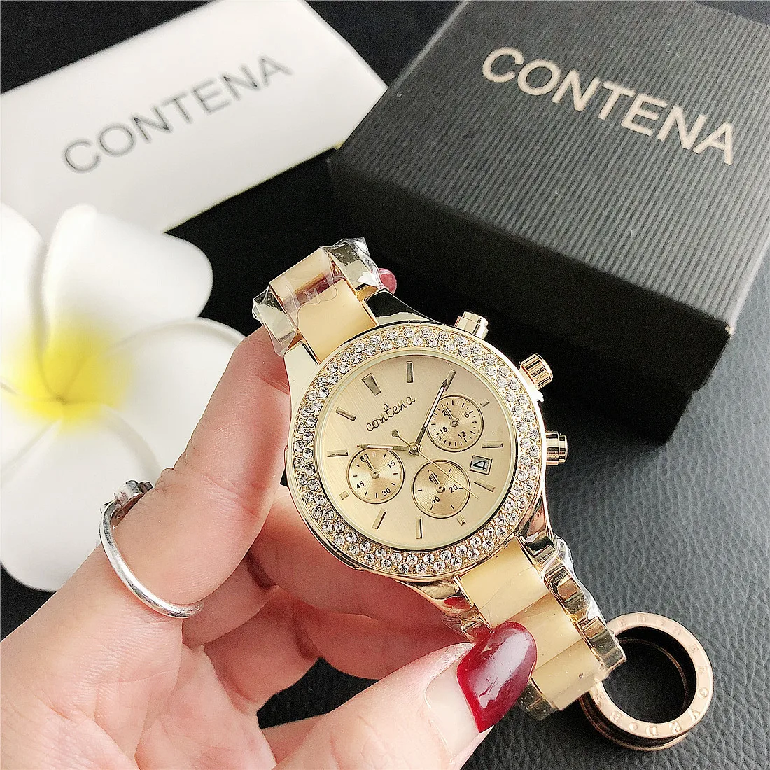 Contena Brand Luxury Women's Watch Fashion Rhinestones Stainless Steel Quartz Watch Simple Elegant Ladies Watch Reloj Mujer