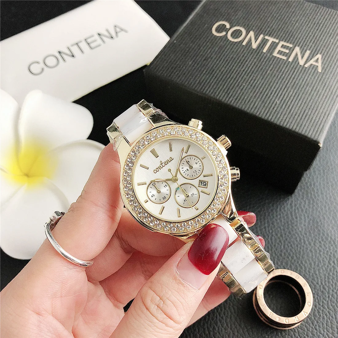 Contena Brand Luxury Women's Watch Fashion Rhinestones Stainless Steel Quartz Watch Simple Elegant Ladies Watch Reloj Mujer