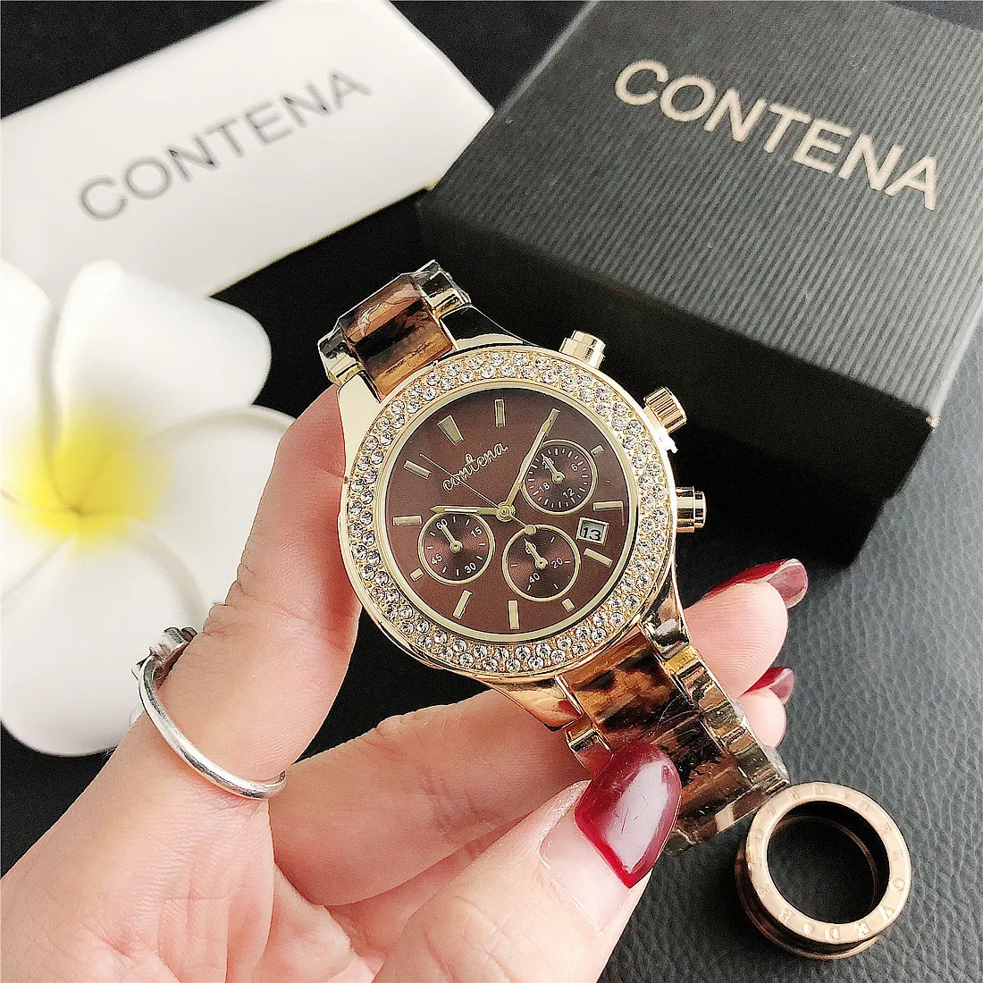 Contena Brand Luxury Women's Watch Fashion Rhinestones Stainless Steel Quartz Watch Simple Elegant Ladies Watch Reloj Mujer