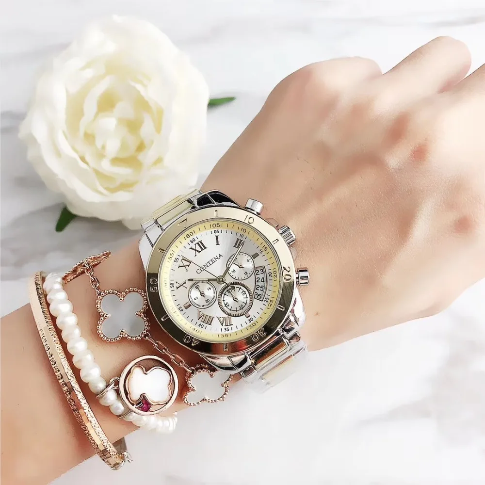 Contena Brand Luxury Women's Watch Fashion Rhinestones Stainless Steel Quartz Watch Simple Elegant Ladies Watch Reloj Mujer