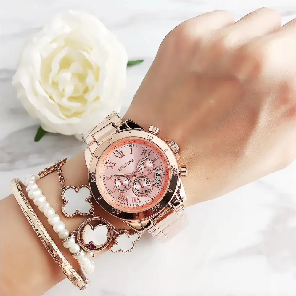 Contena Brand Luxury Women's Watch Fashion Rhinestones Stainless Steel Quartz Watch Simple Elegant Ladies Watch Reloj Mujer