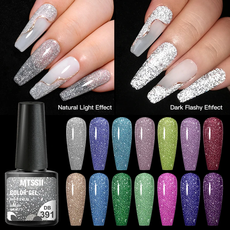 Mtssii Reflective Glitter Gel Pink Sparkling Sequins Gel Nail Polish Soak Off UV Nail Gel Semi-permanent Nail Art Decoration