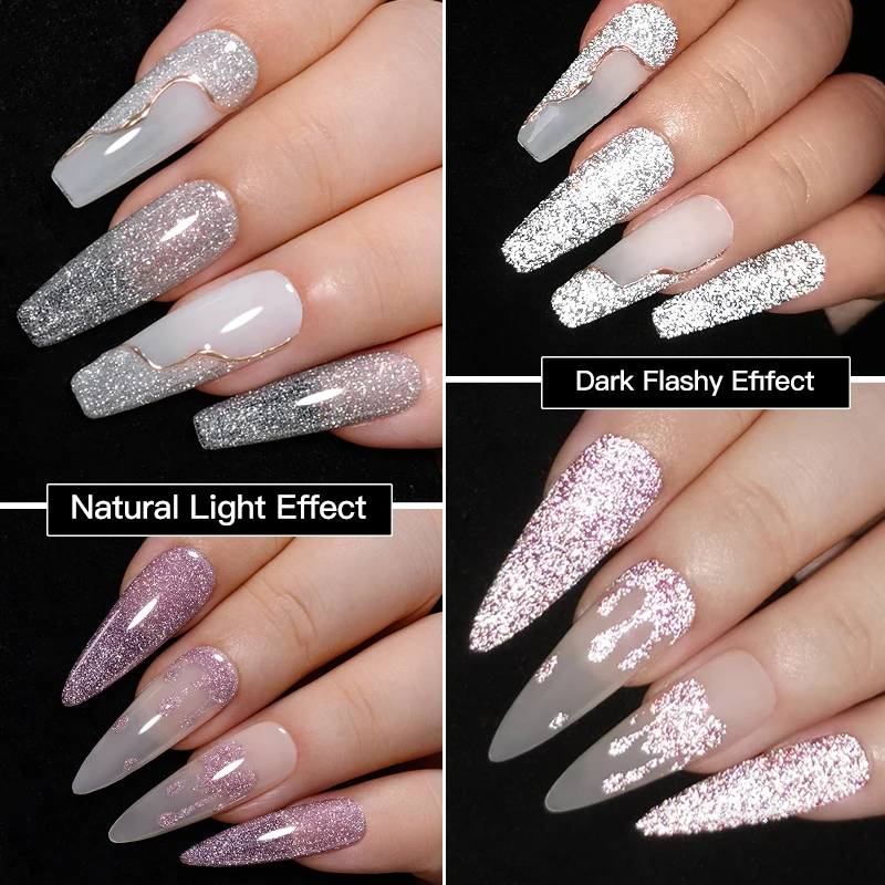 Mtssii Reflective Glitter Gel Pink Sparkling Sequins Gel Nail Polish Soak Off UV Nail Gel Semi-permanent Nail Art Decoration