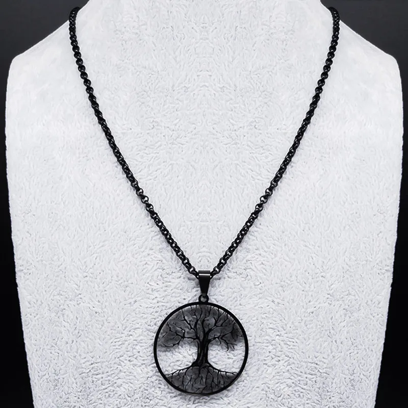 2026 Tree of Life Stainless Steel Long Necklace for Men Black Color Necklaces & Pendants Jewelry Cadenas Para Hombre N834S03