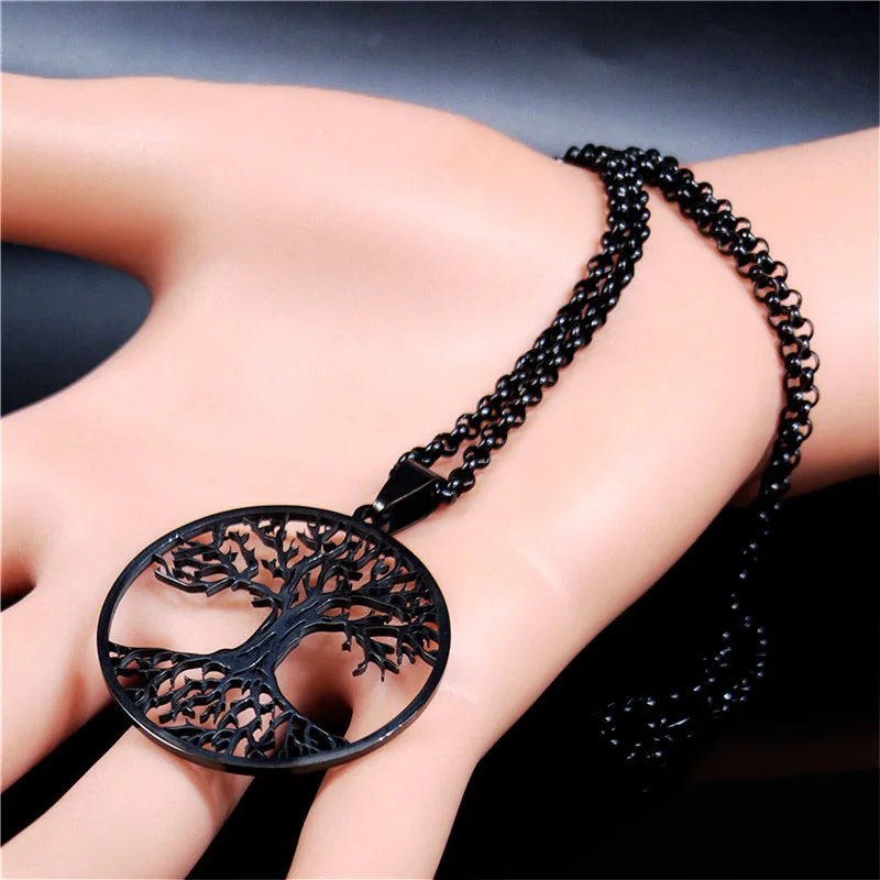 2026 Tree of Life Stainless Steel Long Necklace for Men Black Color Necklaces & Pendants Jewelry Cadenas Para Hombre N834S03