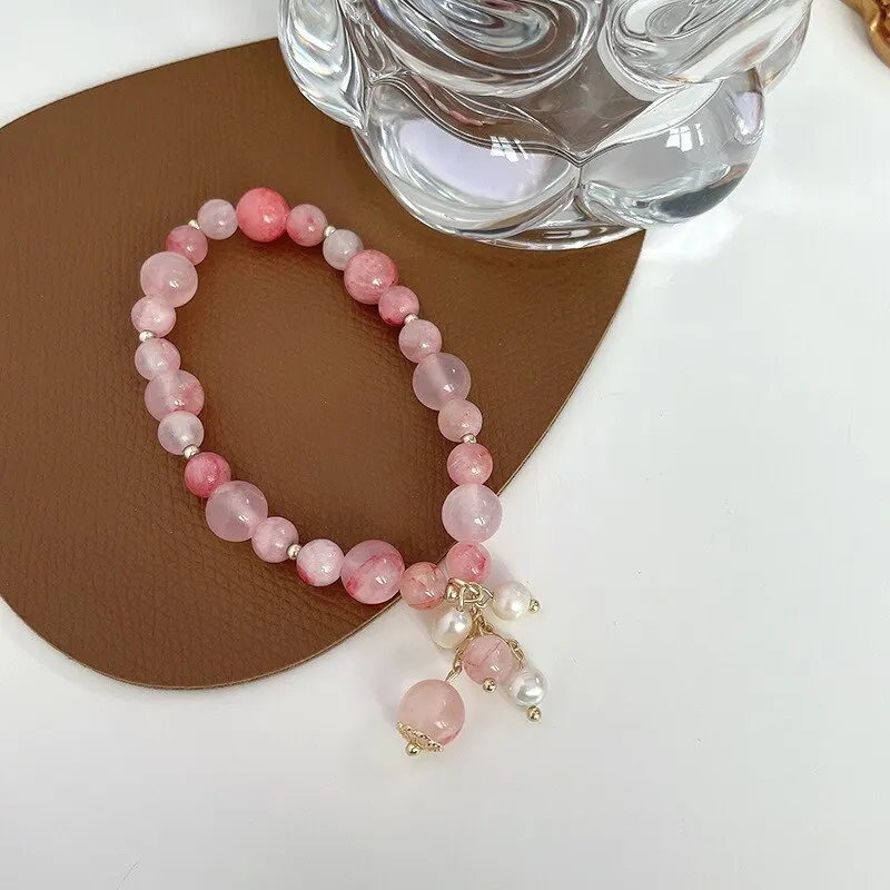 Pink Crystal Natural Stone Bracelet Reiki Energy Strand Bracelets Bangles For Women Prayer Blessing Health Wristband Jewelry A-