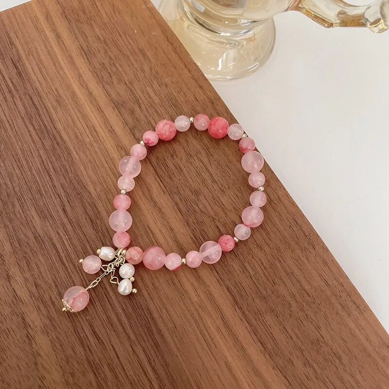 Pink Crystal Natural Stone Bracelet Reiki Energy Strand Bracelets Bangles For Women Prayer Blessing Health Wristband Jewelry A-