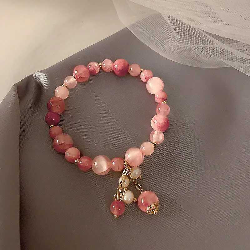 Pink Crystal Natural Stone Bracelet Reiki Energy Strand Bracelets Bangles For Women Prayer Blessing Health Wristband Jewelry A-