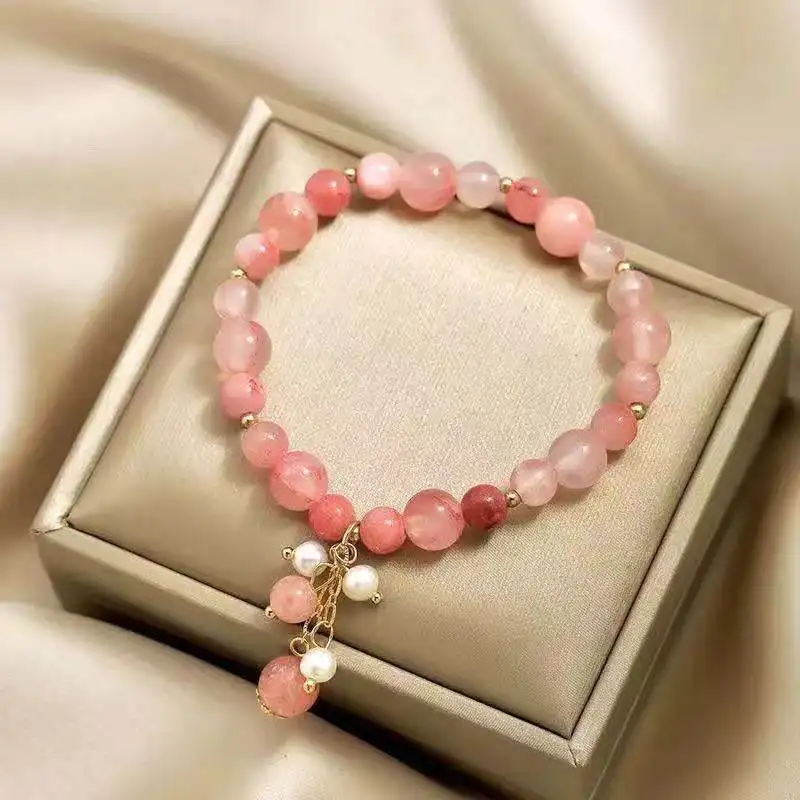 Pink Crystal Natural Stone Bracelet Reiki Energy Strand Bracelets Bangles For Women Prayer Blessing Health Wristband Jewelry A-