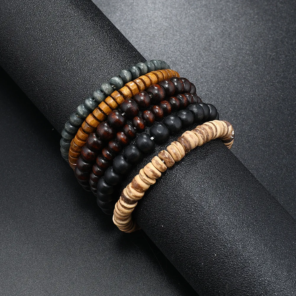 6pcs/set Fashion Men's Hand-beaded Bracelet Vintage Style Multi-layer Stretch Thread Wood Bead Coconut Shell Charm Bracelet