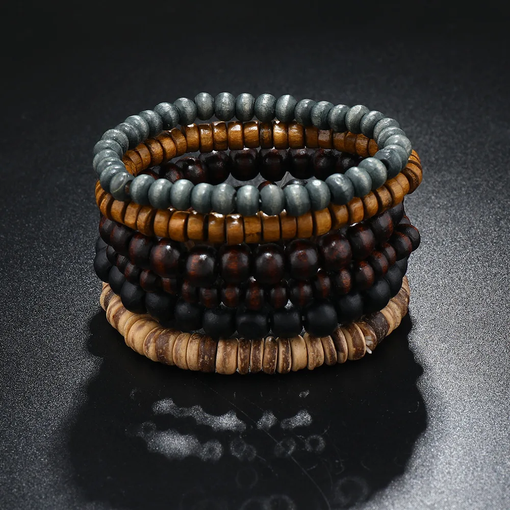 6pcs/set Fashion Men's Hand-beaded Bracelet Vintage Style Multi-layer Stretch Thread Wood Bead Coconut Shell Charm Bracelet