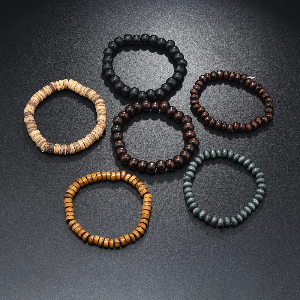 6pcs/set Fashion Men's Hand-beaded Bracelet Vintage Style Multi-layer Stretch Thread Wood Bead Coconut Shell Charm Bracelet