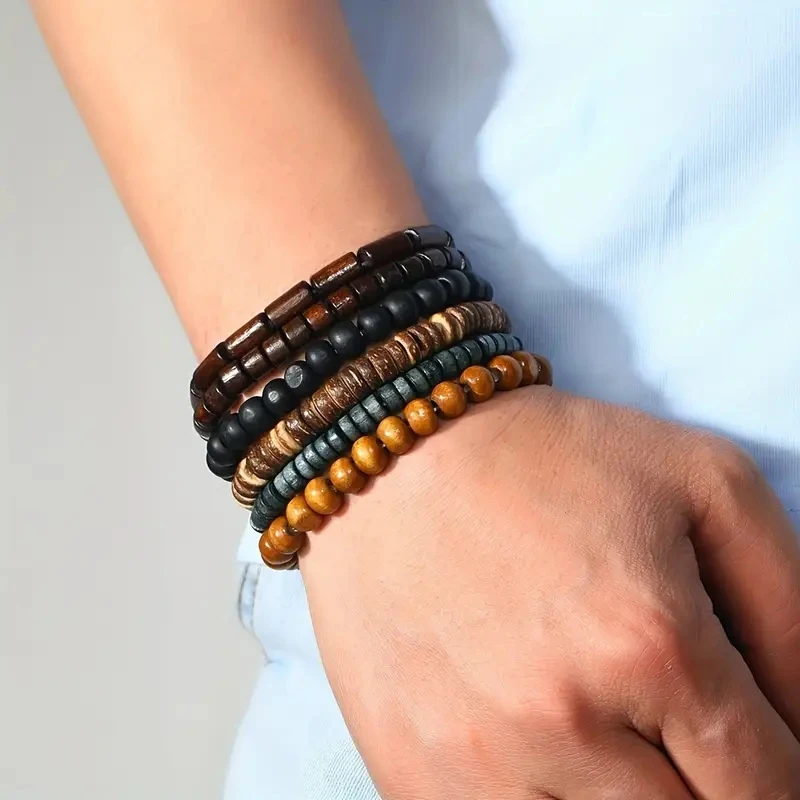6pcs/set Fashion Men's Hand-beaded Bracelet Vintage Style Multi-layer Stretch Thread Wood Bead Coconut Shell Charm Bracelet