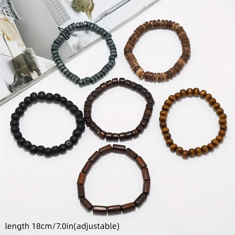 6pcs/set Fashion Men's Hand-beaded Bracelet Vintage Style Multi-layer Stretch Thread Wood Bead Coconut Shell Charm Bracelet