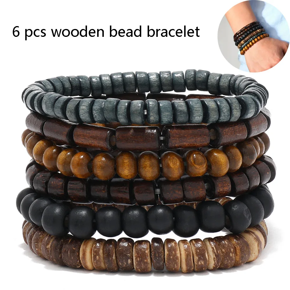 6pcs/set Fashion Men's Hand-beaded Bracelet Vintage Style Multi-layer Stretch Thread Wood Bead Coconut Shell Charm Bracelet