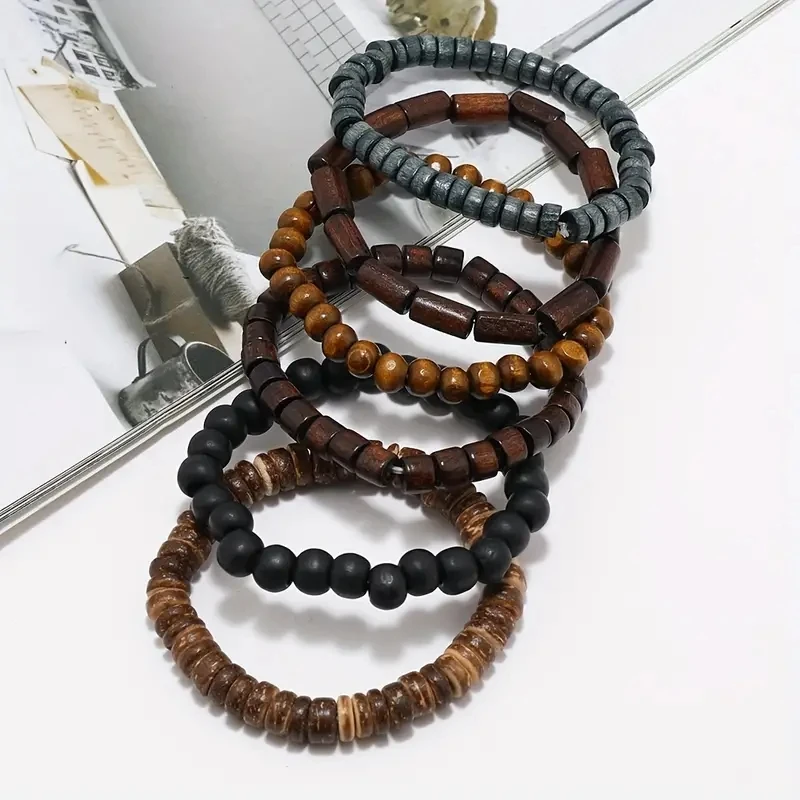 6pcs/set Fashion Men's Hand-beaded Bracelet Vintage Style Multi-layer Stretch Thread Wood Bead Coconut Shell Charm Bracelet