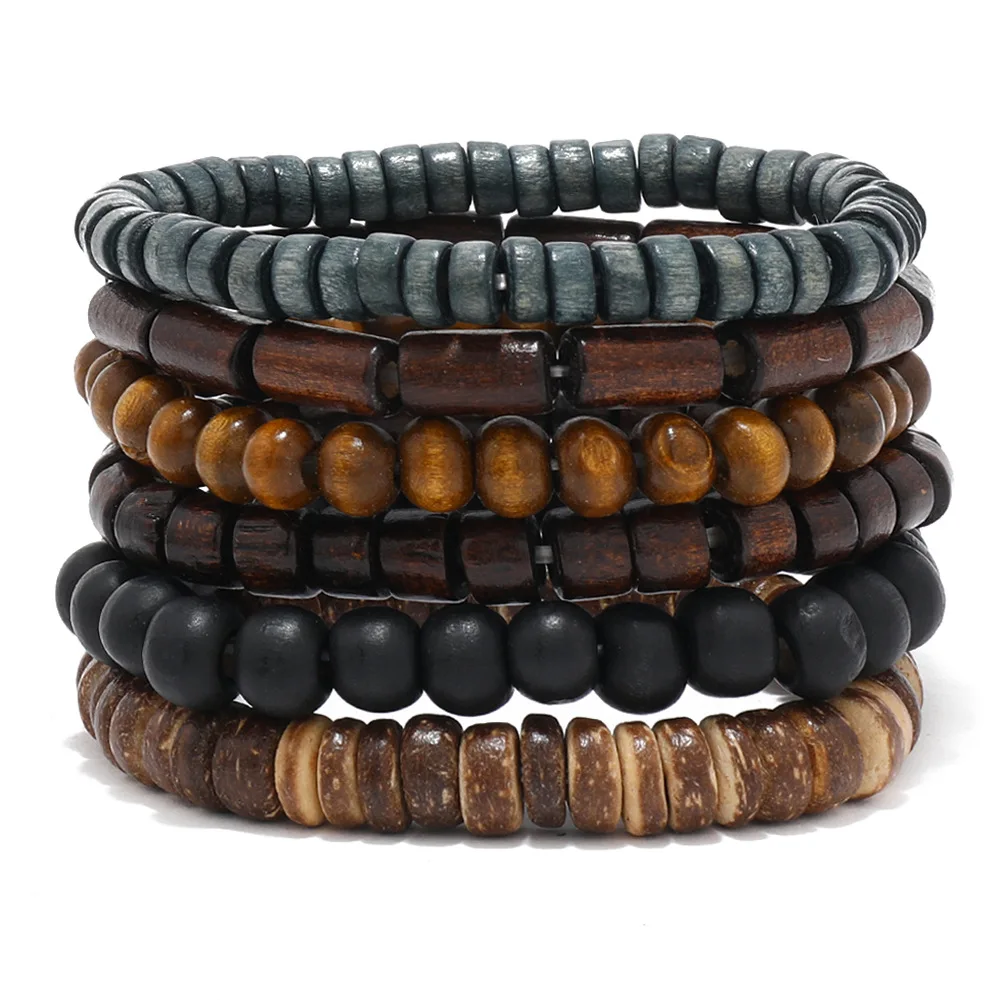 6pcs/set Fashion Men's Hand-beaded Bracelet Vintage Style Multi-layer Stretch Thread Wood Bead Coconut Shell Charm Bracelet