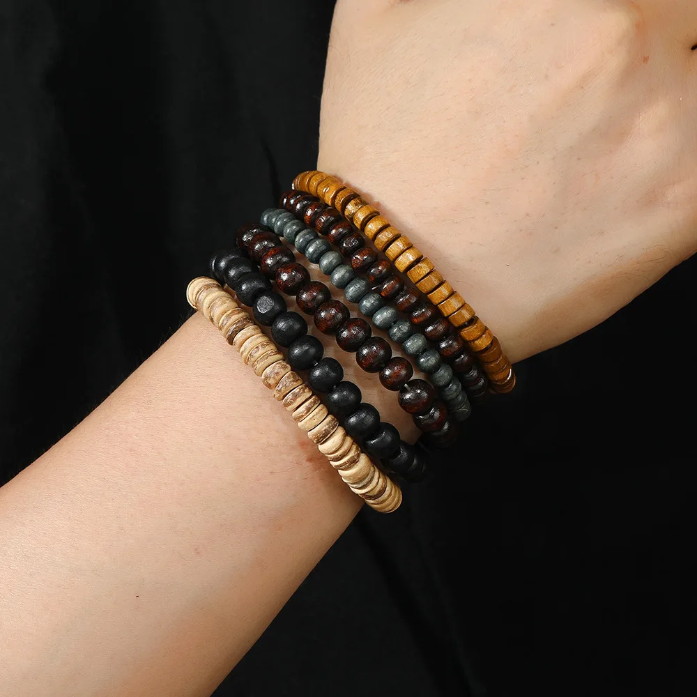 6pcs/set Fashion Men's Hand-beaded Bracelet Vintage Style Multi-layer Stretch Thread Wood Bead Coconut Shell Charm Bracelet