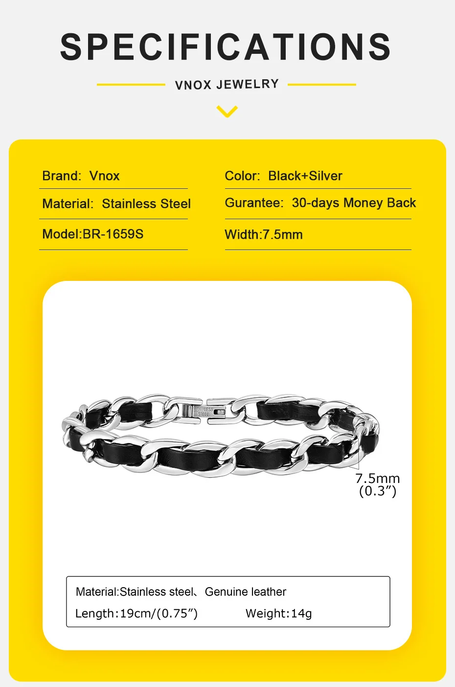 Vnox Men Black Chain Bracelets for Women, Stylish 7.5MM Stainless Steel Cuban Links Chain Wristband Gift Jewelry