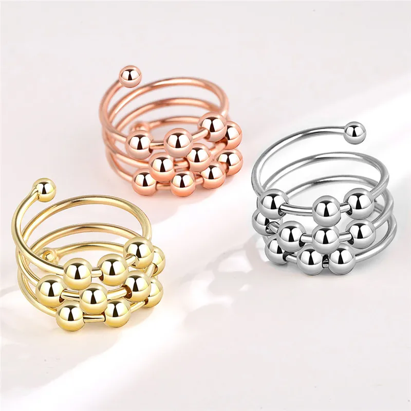 Simple Metal Ball Anxiety Ring Adjustable Fidget Spinner Rings for Women Girls Anti Stress Jewelry Anillos Mujer