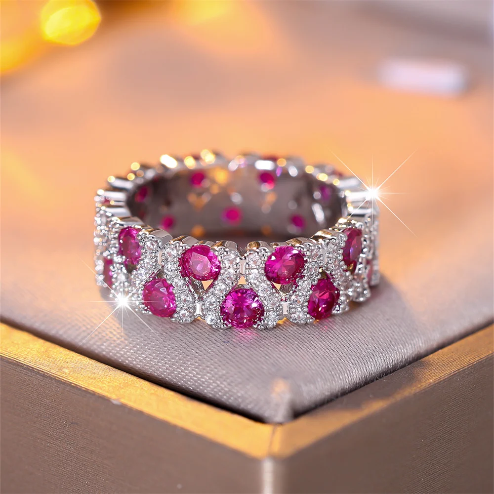 Green Crystal Round Stone Engagement Ring Rose Red Zircon Wedding Bands Rings For Women Trendy Silver Color Bridal Party Jewelry