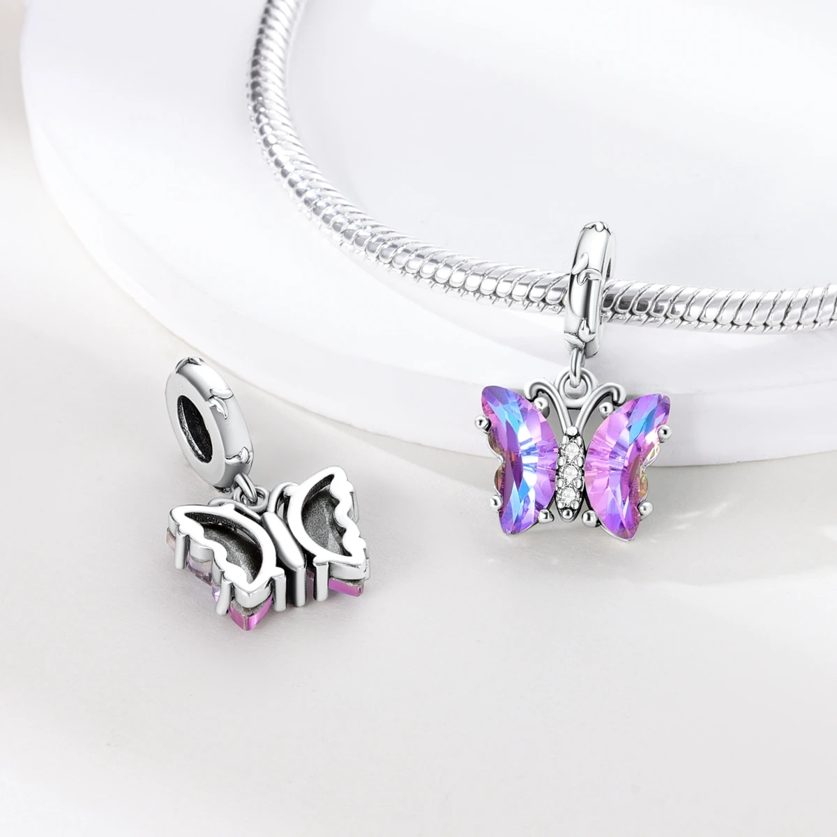 Silver Plated Purple Charms Flower Butterfly Dangle Charm Beads Fit Original Bracelet Diy Pendants