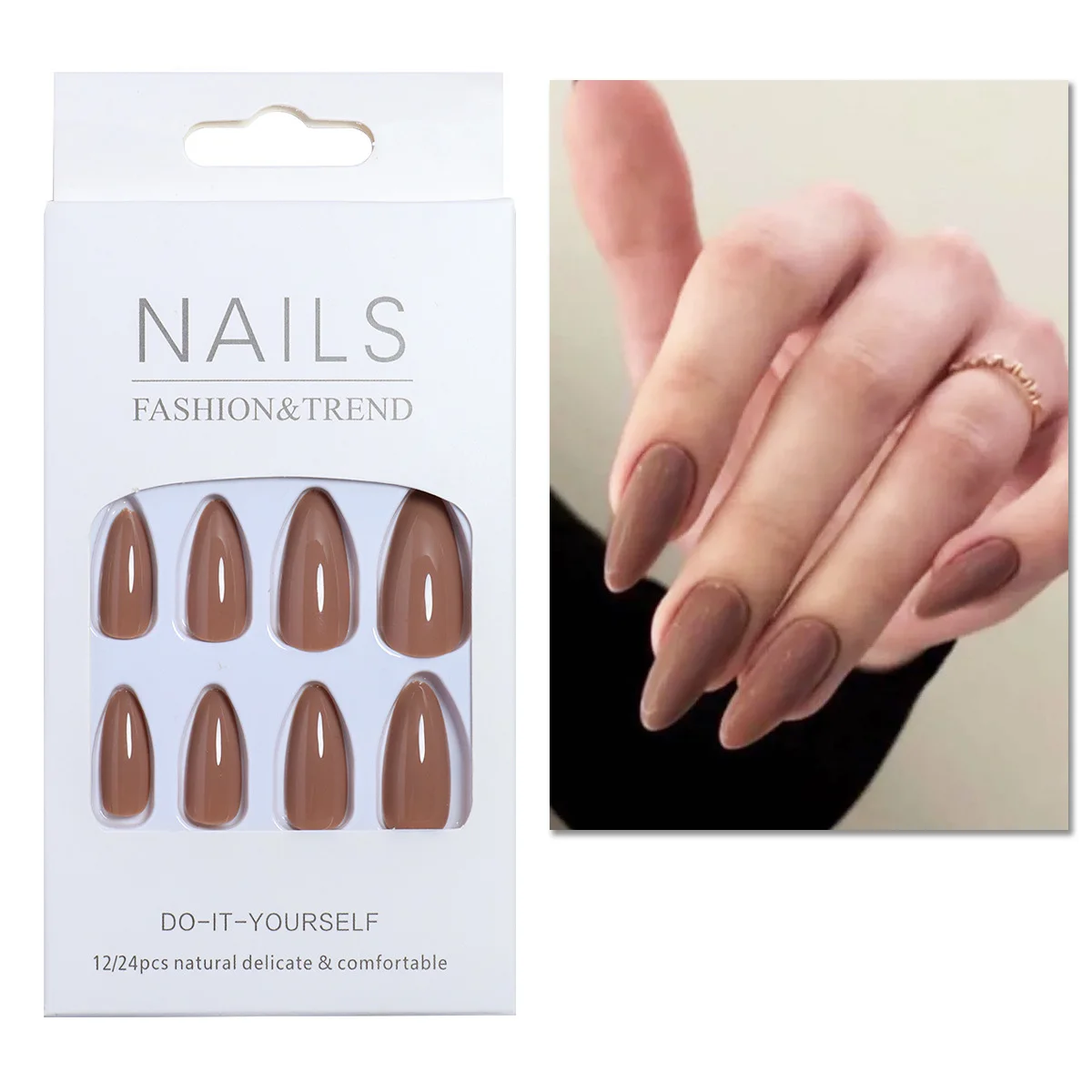 24pcs/set nude brown white fake nails for fall winter season french almond tips faux ongles press on false nail supplies