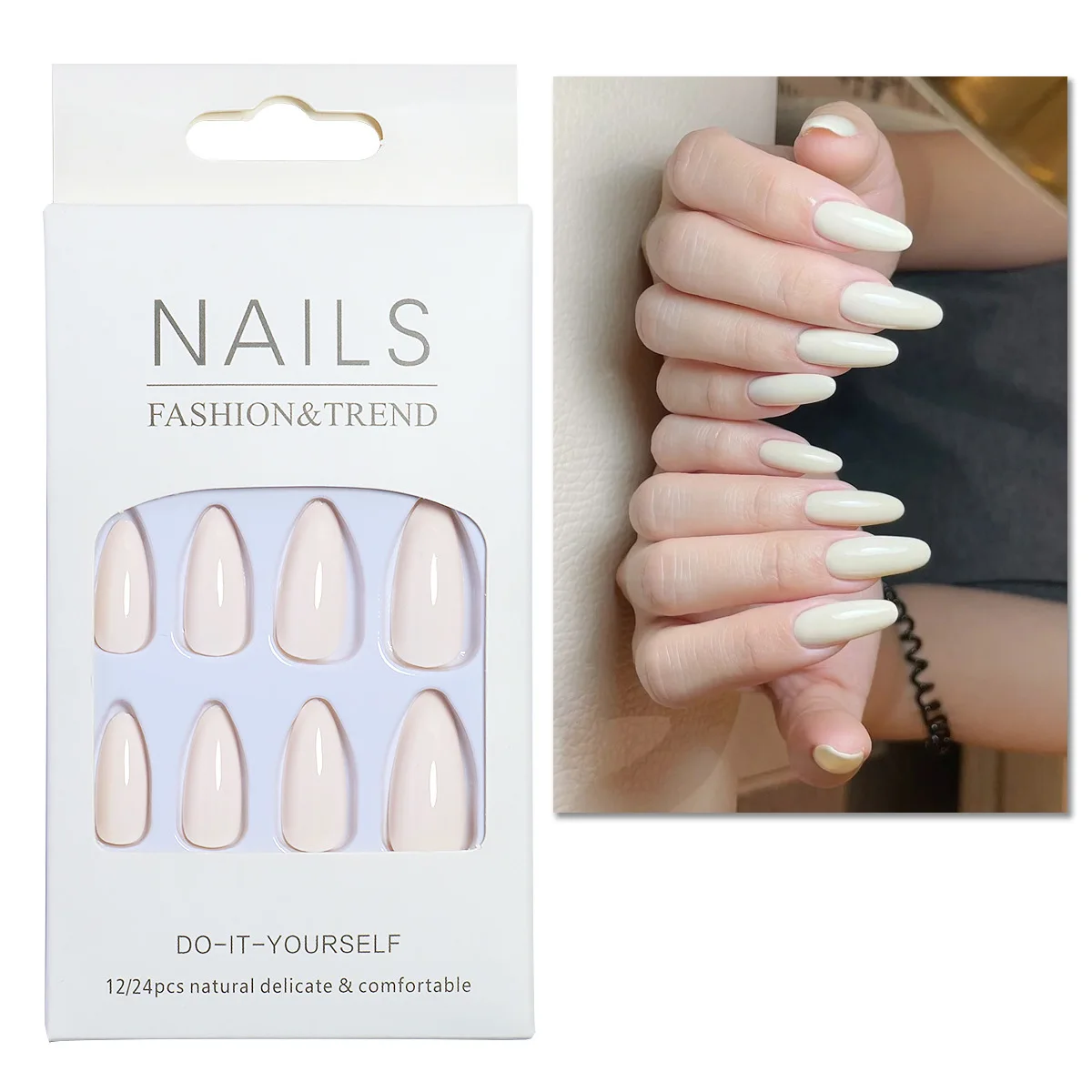 24pcs/set nude brown white fake nails for fall winter season french almond tips faux ongles press on false nail supplies