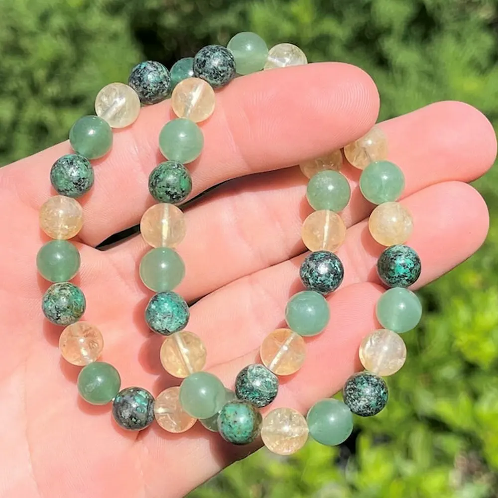 Triple Prosperity Bracelet Citrine Green Aventurine African Turquoise 8 mm Round Prosperity and Good Luck Crystals