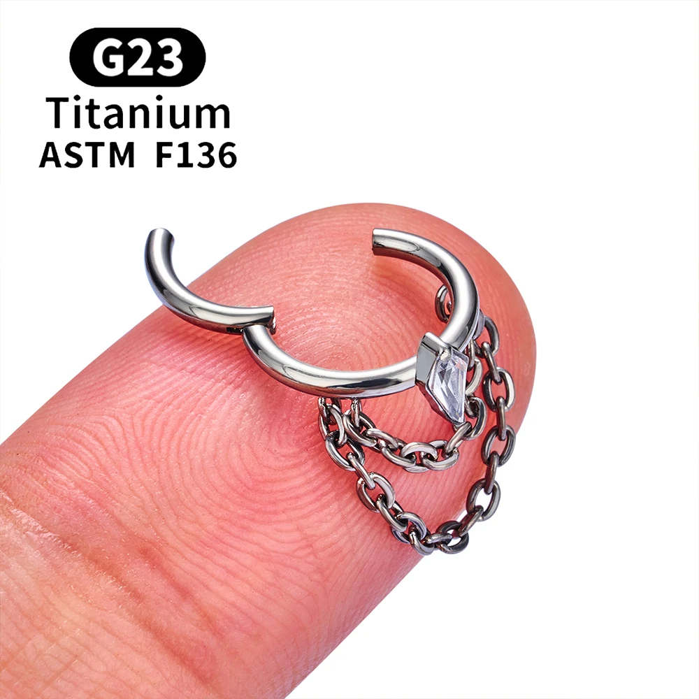 ASTM F136 G23 Titanium Women Tragus Cartilage Helix Conch Piercing Hoop Earrings Chain 16G Zircon Ear Piercing Ring Body Jewelry