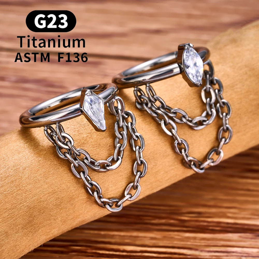 ASTM F136 G23 Titanium Women Tragus Cartilage Helix Conch Piercing Hoop Earrings Chain 16G Zircon Ear Piercing Ring Body Jewelry
