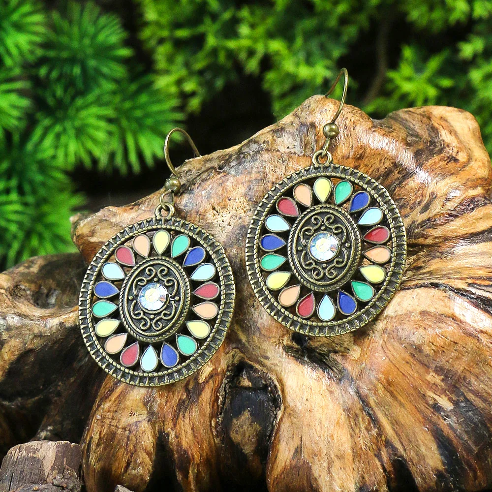 New Bohemian Alloy Earrings Round Drop Oil Multicolor Diamonds Sun Flower Distinctive Embellishment Gifts Party