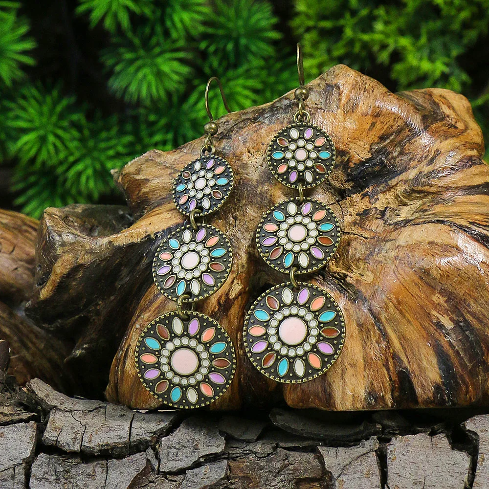 New Bohemian Alloy Earrings Round Drop Oil Multicolor Diamonds Sun Flower Distinctive Embellishment Gifts Party