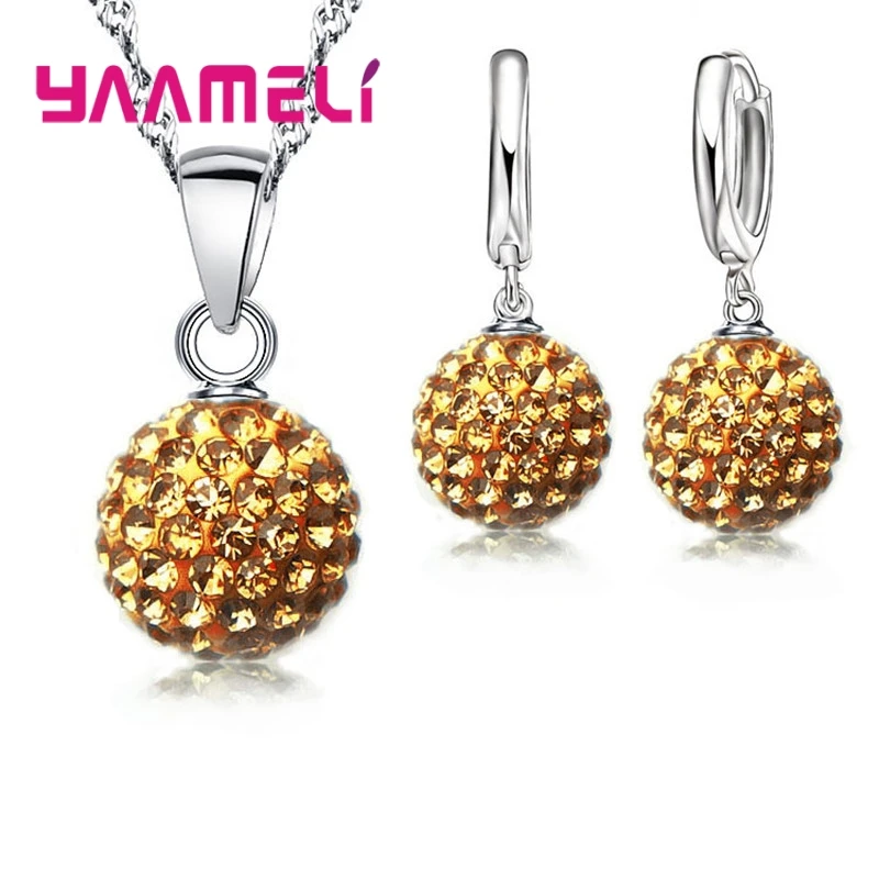 925 Sterling Silver Stamped Bridal Jewelry Sets Women Girls Wedding Gifts Austrian Crystal CZ Disco Ball Necklace Hoop Earrings