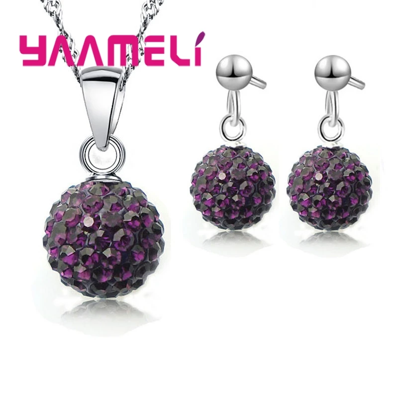 925 Sterling Silver Stamped Bridal Jewelry Sets Women Girls Wedding Gifts Austrian Crystal CZ Disco Ball Necklace Hoop Earrings
