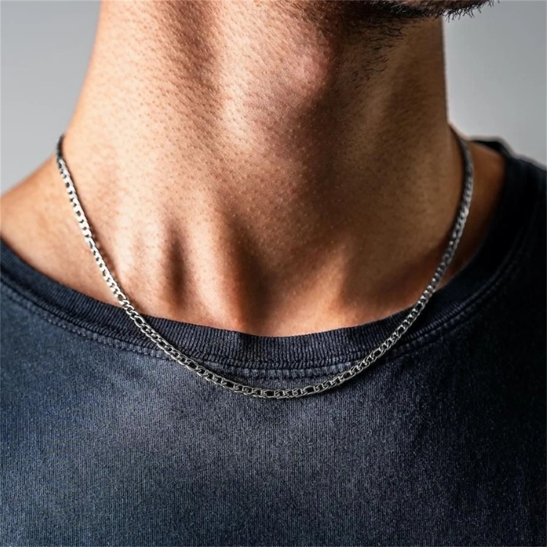 Fashion New Figaro Chain Necklace Men's Punk Silver Color Stainless Steel Long Necklace Men's Hip Hop Jewelry Gift